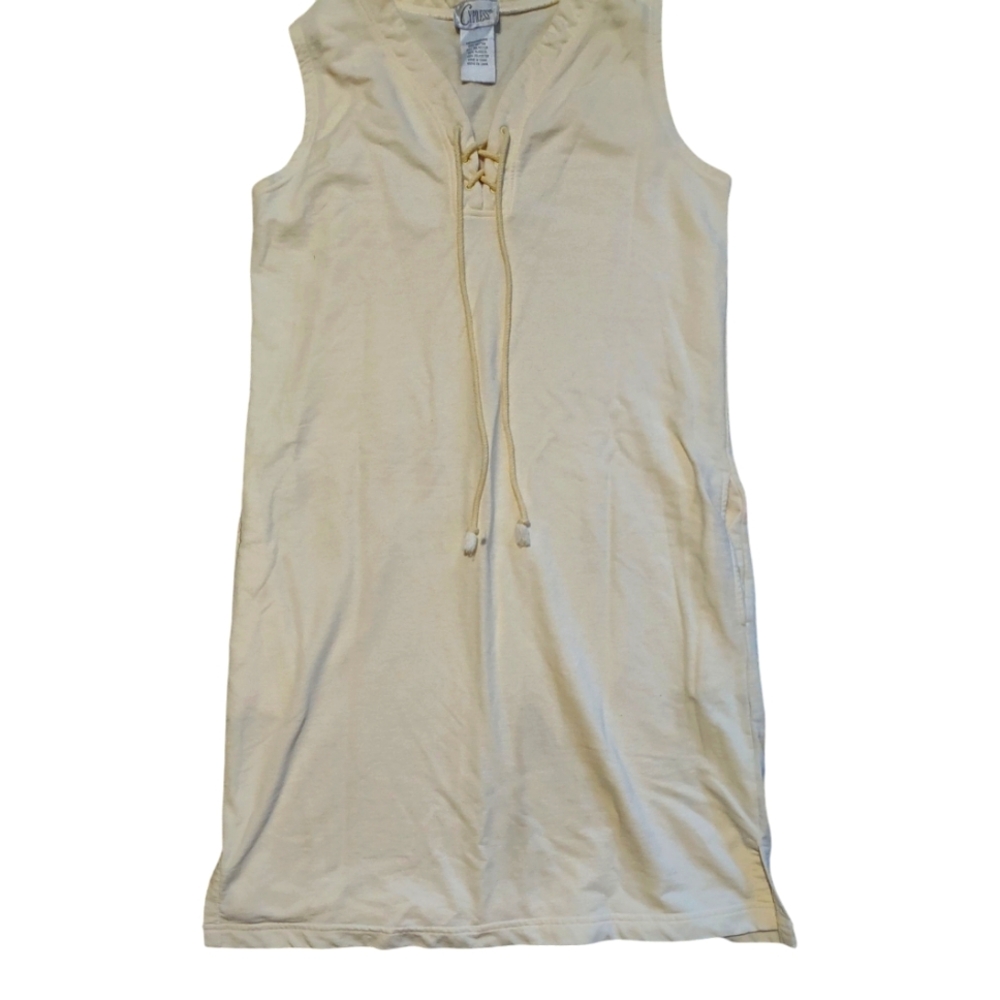 Cypress Yellow Cotton Blend Sleeveless Tank Dress with PocketsLace-Up Detail Med
